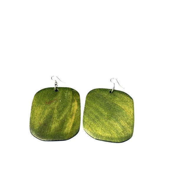 Green Wooden Statement Dangle Earrings Square Silvertone Hooks Boho 2.25 inches - Picture 1 of 2
